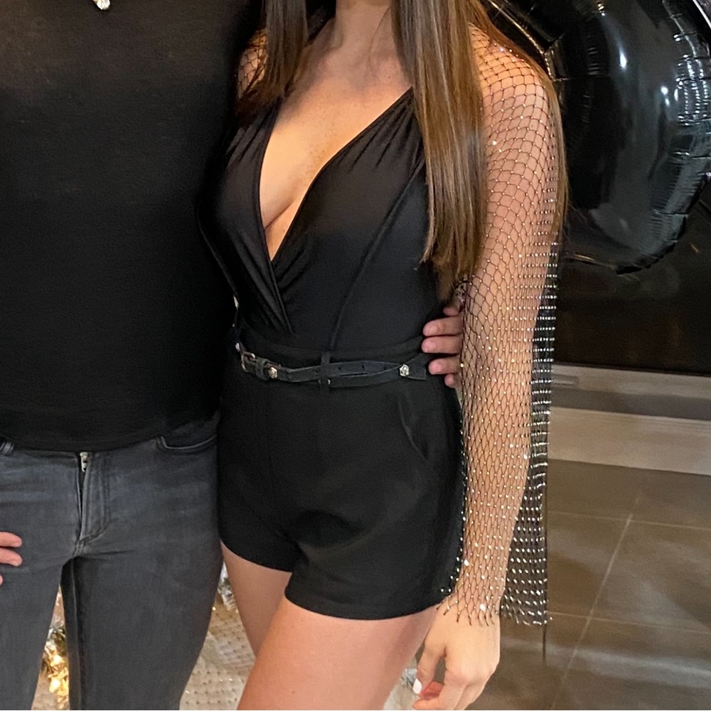 Black bodysuit with rhinestone sleeves